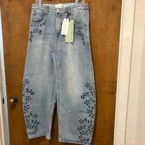 387. Saige Embroidered Light Wash Wide Leg Barrel Jeans - Women